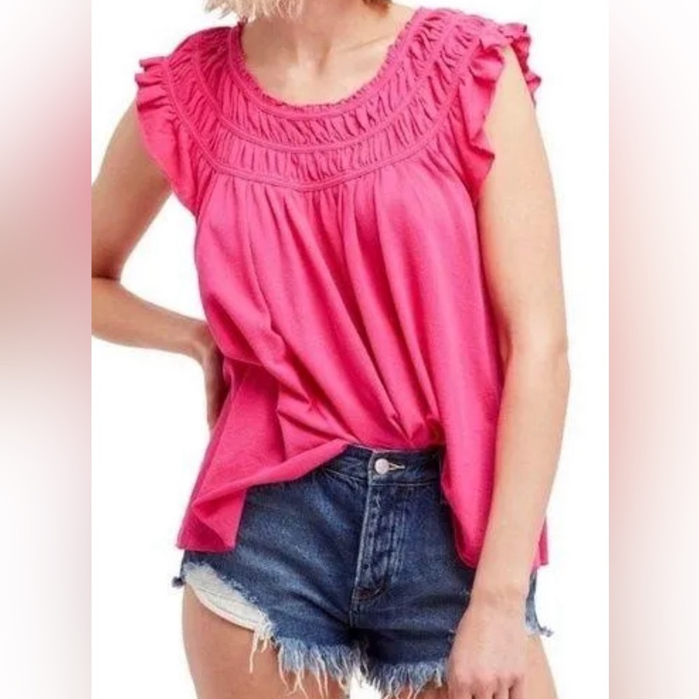 Free People We The Free Hot Pink Coconut Ruffle Gathered Blouse Size S